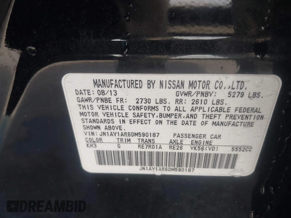 2013 Infiniti M with VIN JN1AY1AR6DM590187, listed as a IAAI auction lot 42096806 with 182,909 mi miles and . Bid and sale history available at DreamBid. Image 9.