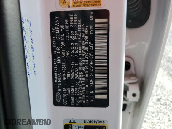 2017 Hyundai Tucson Limited with VIN KM8J3CA29HU351485, listed as a Copart auction lot 66546334 with 120,096 mi miles and Clean Title. Bid and sale history available at DreamBid. Image 13.