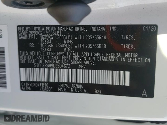 2020 Toyota Highlander L with VIN 5TDCZRBH9LS504672, listed as a Copart auction lot 54147505 with 49,879 mi miles and Salvage title. Bid and sale history available at DreamBid. Image 13.