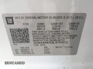 2020 Chevrolet Equinox LS with VIN 3GNAXHEV2LS704031, listed as a IAAI auction lot 41919389 with 51,003 mi miles. Bid and sale history available at carsss.com. Image 9.