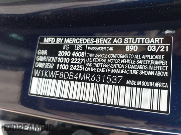 2021 Mercedes-Benz C 300 with VIN W1KWF8DB4MR631537, listed as a IAAI auction lot 42435864 with 11,807 mi miles and . Bid and sale history available at DreamBid. Image 9.