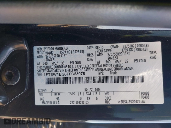 2015 Ford F-150 XLT with VIN 1FTEW1EG6FFC53975, listed as a IAAI auction lot 41637711 with 134,569 mi miles and . Bid and sale history available at DreamBid. Image 9.