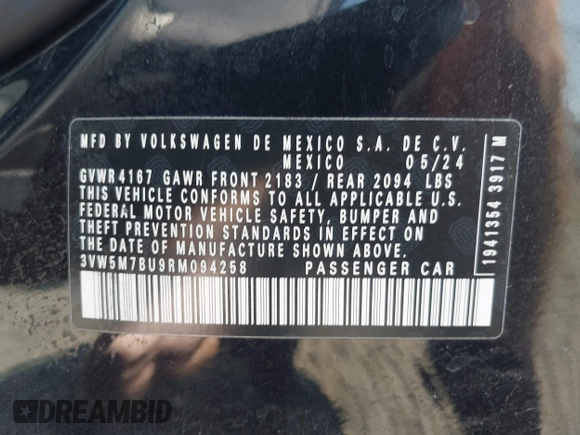 2024 Volkswagen Jetta S с VIN 3VW5M7BU9RM094258, выставлен на аукционе IAAI как лот 42575410 с пробегом 15 639 миль миль и . История ставок и продаж доступна на DreamBid. Изображение 9.