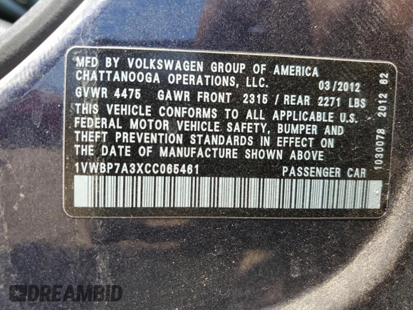 2012 Volkswagen Passat SE with VIN 1VWBP7A3XCC065461, listed as a Copart auction lot 61854385 with 214,225 mi miles and Salvage title. Bid and sale history available at DreamBid. Image 12.