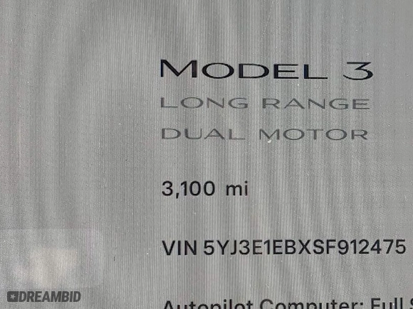 2025 Tesla Model 3 Long Range with VIN 5YJ3E1EBXSF912475, listed as a IAAI auction lot 41449488 with 3,100 mi miles. Bid and sale history available at carsss.com. Image 15.