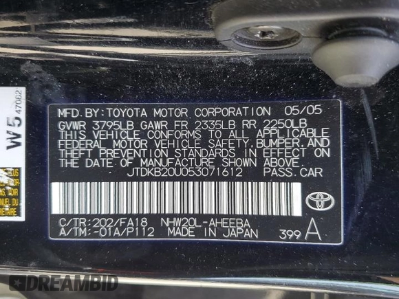 2005 Toyota Prius with VIN JTDKB20U053071612, listed as a Copart auction lot 55362925 with 174,642 mi miles and Salvage Title. Bid and sale history available at DreamBid. Image 13.