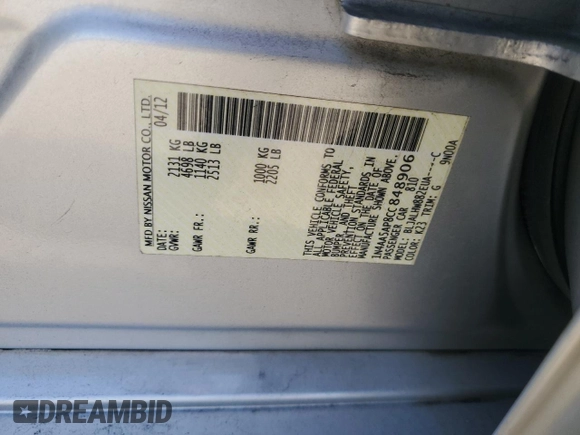 2012 Nissan Maxima SV with VIN 1N4AA5AP8CC848906, listed as a Copart auction lot 61904035 with 150,076 mi miles and Salvage title. Bid and sale history available at DreamBid. Image 12.