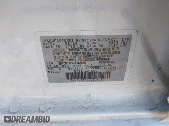2014 Nissan Versa S Plus with VIN 3N1CN7AP4EL868650, listed as a IAAI auction lot 41604418 with 168,439 mi miles and . Bid and sale history available at DreamBid. Image 9.