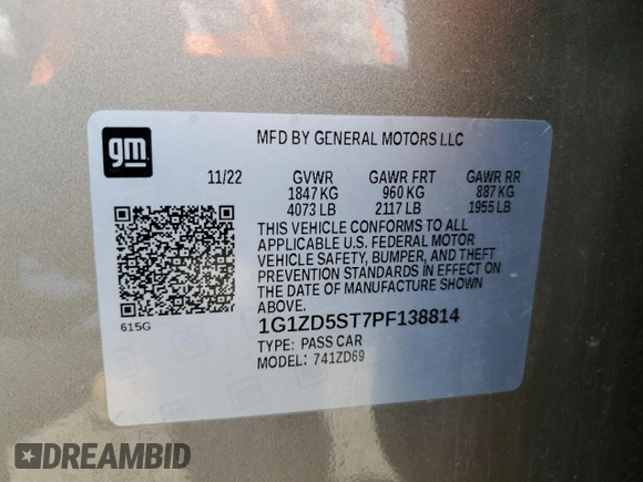 2023 Chevrolet Malibu LT with VIN 1G1ZD5ST7PF138814, listed as a Copart auction lot 54365575 with 57,339 mi miles and Clean Title. Bid and sale history available at DreamBid. Image 12.