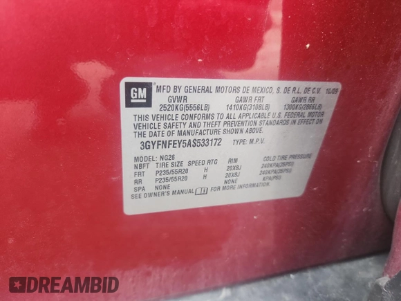 2010 Cadillac SRX Premium Collection with VIN 3GYFNFEY5AS533172, listed as a Copart auction lot 63789445 with 97,331 mi miles and Non repairable. Bid and sale history available at DreamBid. Image 13.