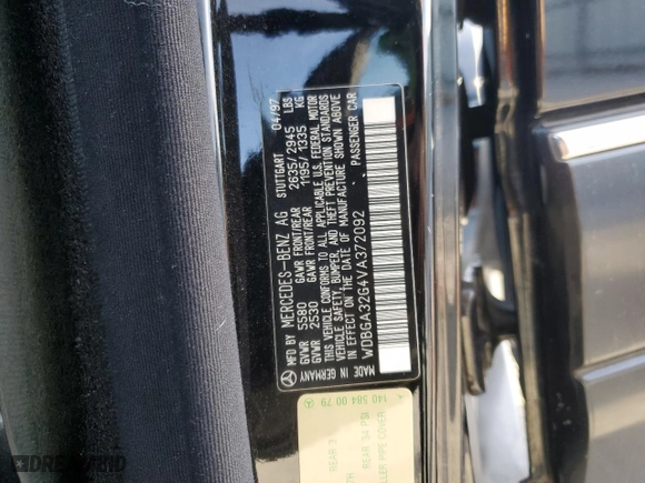 1997 Mercedes-Benz S-Class with VIN WDBGA32G4VA372092, listed as a Copart auction lot 82124664 with 0 mi miles and Salvage Title. Bid and sale history available at carsss.com. Image 14.