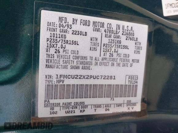 1993 Ford Explorer with VIN 1FMCU22X2PUC72281, listed as a IAAI auction lot 42805713 with 206,696 mi miles and . Bid and sale history available at DreamBid. Image 9.