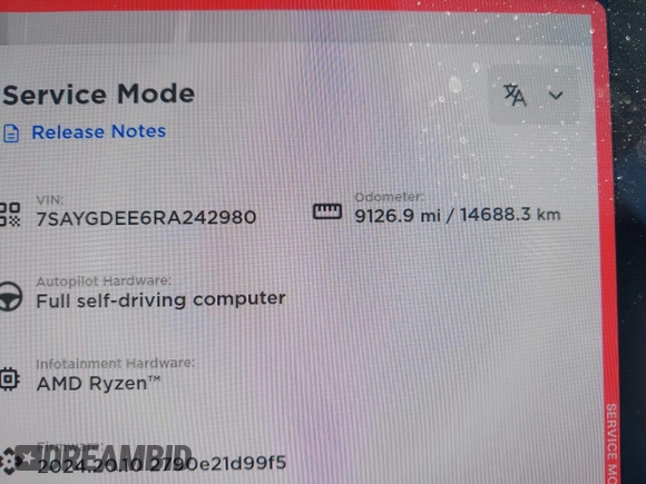 2024 Tesla Model Y Long Range with VIN 7SAYGDEE6RA242980, listed as a IAAI auction lot 40121685 with 9,126 mi miles and . Bid and sale history available at DreamBid. Image 7.