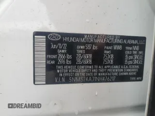 2022 Hyundai Santa Fe SEL with VIN 5NMS24AJ1NH476217, listed as a Copart auction lot 52255645 with 45,179 mi miles and Salvage Title. Bid and sale history available at DreamBid. Image 15.