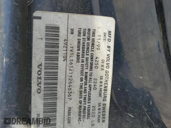 2000 Volvo S70 с VIN YV1LS61J1Y2646367, выставлен на аукционе Copart как лот 53494485 с пробегом 260 701 миль миль и Списание • Salvage title. История ставок и продаж доступна на DreamBid. Изображение 14.