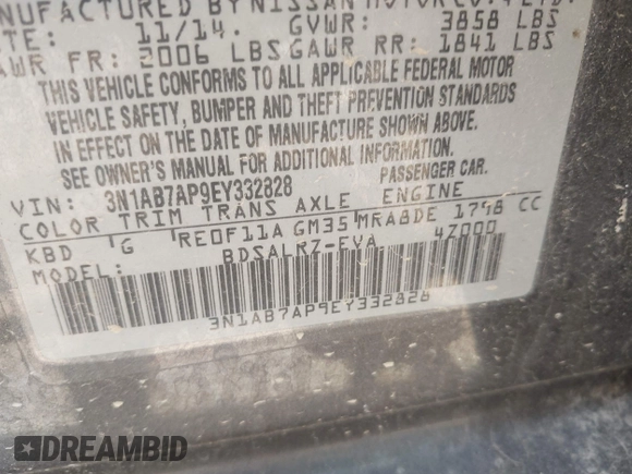 2014 Nissan Sentra S with VIN 3N1AB7AP9EY332828, listed as a IAAI auction lot 42221398 with 71,028 mi miles and . Bid and sale history available at DreamBid. Image 9.