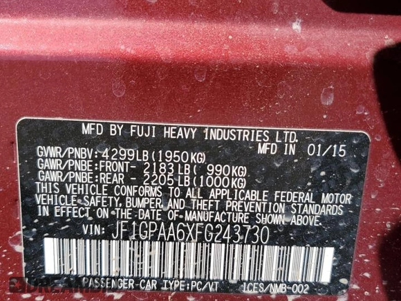 2015 Subaru Impreza 2.0i with VIN JF1GPAA6XFG243730, listed as a Copart auction lot 52238045 with 156,203 mi miles and Salvage title. Bid and sale history available at DreamBid. Image 12.