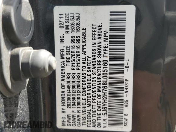 2011 Honda Element EX with VIN 5J6YH2H76BL005160, listed as a Copart auction lot 51600355 with 165,297 mi miles and Salvage Title. Bid and sale history available at DreamBid. Image 15.