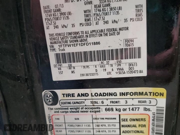 2013 Ford F-150 XL with VIN 1FTFW1EF1DFD11886, listed as a Copart auction lot 53393255 with 294,772 mi miles and Salvage Title. Bid and sale history available at carsss.com. Image 13.