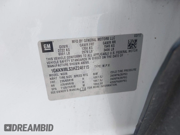 2017 GMC Acadia SLT z VIN 1GKKNMLS3HZ246115, wystawiony jako IAAI lot #42214084 z przebiegiem 104 123 mil mil oraz . Historia ofert i sprzedaży dostępna na DreamBid. Obrazek 9.