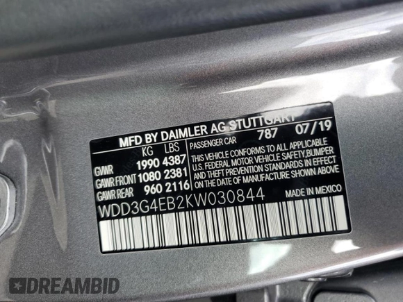 2019 Mercedes-Benz A 220 with VIN WDD3G4EB2KW030844, listed as a Copart auction lot 44411065 with 35,260 mi miles and Salvage Title. Bid and sale history available at DreamBid. Image 12.