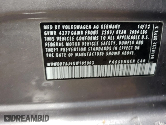 2013 Volkswagen Golf w/Conv & Sunroof z VIN WVWDB7AJ9DW103903, wystawiony jako Copart lot #45702505 z przebiegiem 59 718 mil mil oraz Szkoda całkowita • Salvage title. Historia ofert i sprzedaży dostępna na DreamBid. Obrazek 12.