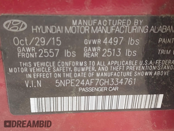 2016 Hyundai Sonata 2.4L SE with VIN 5NPE24AF7GH334761, listed as a IAAI auction lot 41979132 with 139,854 mi miles. Bid and sale history available at carsss.com. Image 9.