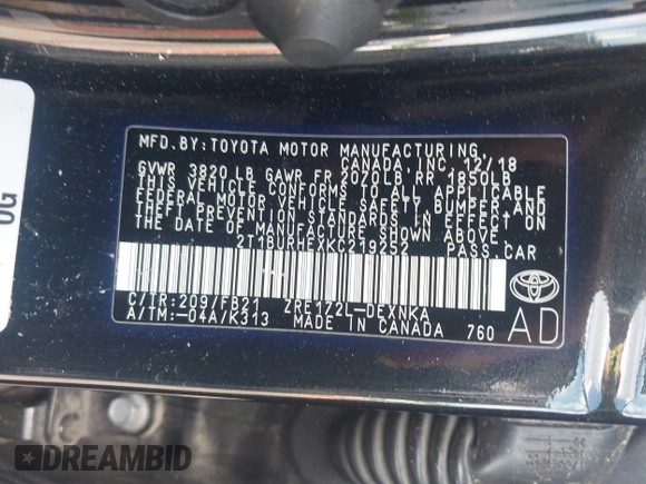 2019 Toyota Corolla L z VIN 2T1BURHEXKC219252, wystawiony jako IAAI lot #42007478 z przebiegiem 116 945 mil mil oraz . Historia ofert i sprzedaży dostępna na DreamBid. Obrazek 9.