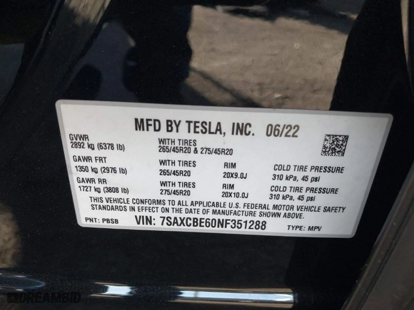 2022 Tesla Model X Plaid with VIN 7SAXCBE60NF351288, listed as a IAAI auction lot 40847518 with NaN miles. Bid and sale history available at carsss.com. Image 9.