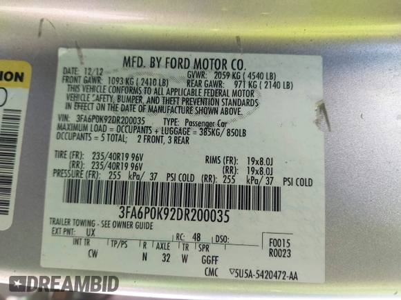 2013 Ford Fusion Titanium with VIN 3FA6P0K92DR200035, listed as a IAAI auction lot 42798129 with 242,831 mi miles and . Bid and sale history available at DreamBid. Image 9.