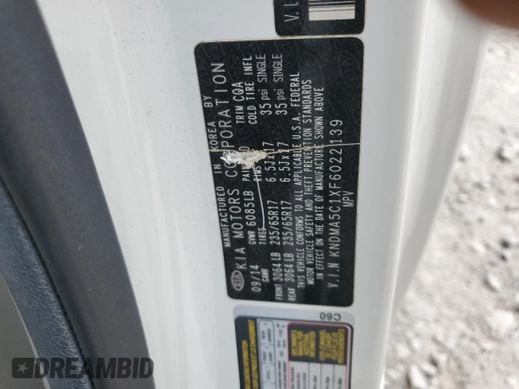 2015 Kia Sedona L with VIN KNDMA5C1XF6022139, listed as a Copart auction lot 53899365 with 245,134 mi miles and Clean Title. Bid and sale history available at carsss.com. Image 13.
