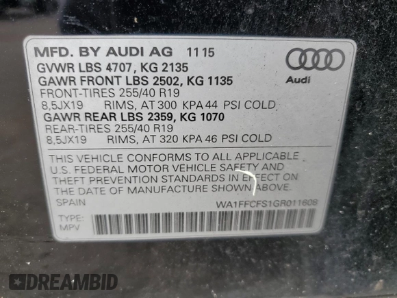 2016 Audi Q3 Prestige with VIN WA1FFCFS1GR011608, listed as a Copart auction lot 71228113 with 102,137 mi miles and . Bid and sale history available at DreamBid. Image 13.