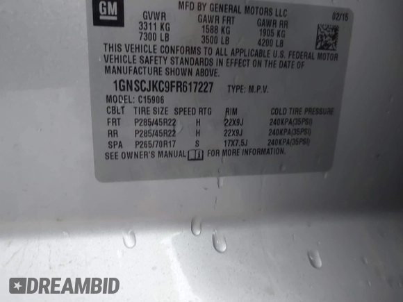 2015 Chevrolet Suburban LT with VIN 1GNSCJKC9FR617227, listed as a IAAI auction lot 42127511 with 167,924 mi miles and . Bid and sale history available at DreamBid. Image 9.
