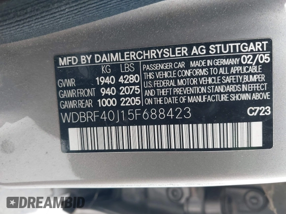 2005 Mercedes-Benz C 230 Kompressor with VIN WDBRF40J15F688423, listed as a IAAI auction lot 41906317 with 151,261 mi miles and . Bid and sale history available at DreamBid. Image 9.