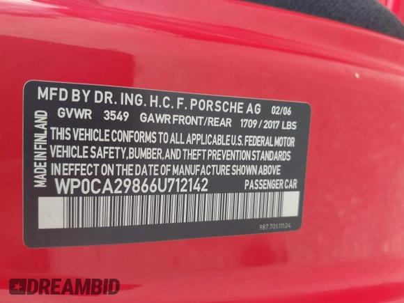 2006 Porsche Boxster with VIN WP0CA29866U712142, listed as a IAAI auction lot 42423093 with 57,057 mi miles and . Bid and sale history available at DreamBid. Image 9.
