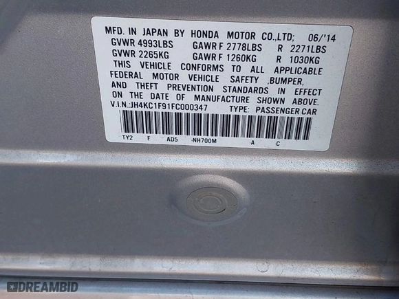 2015 Acura RLX Advance Pkg with VIN JH4KC1F91FC000347, listed as a IAAI auction lot 41323967 with 98,957 mi miles. Bid and sale history available at carsss.com. Image 9.