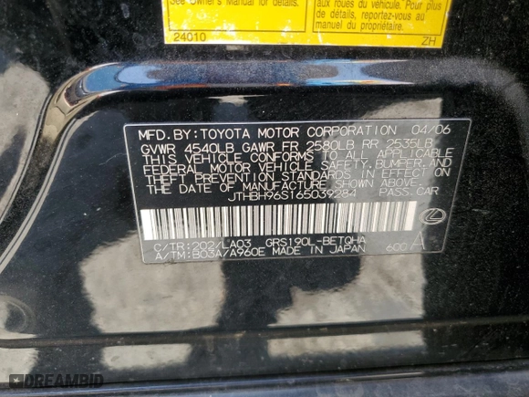 2006 Lexus GS 300 with VIN JTHBH96S165039284, listed as a Copart auction lot 65110544 with 154,623 mi miles and Salvage Title. Bid and sale history available at carsss.com. Image 14.
