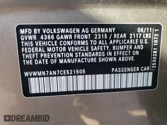 2012 Volkswagen CC Sport with VIN WVWMN7AN7CE521505, listed as a Copart auction lot 68447614 with 112,157 mi miles and Non Repairable. Bid and sale history available at carsss.com. Image 13.