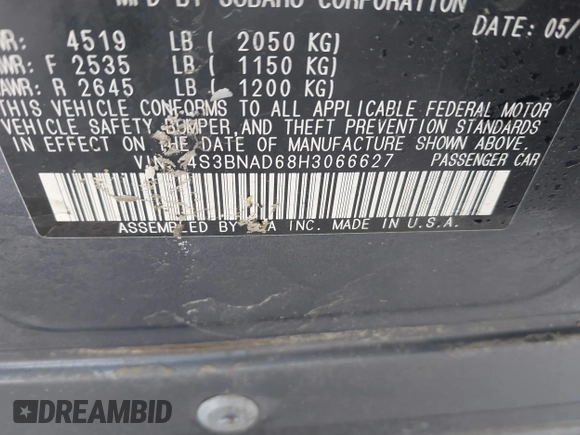 2017 Subaru Legacy Premium with VIN 4S3BNAD68H3066627, listed as a IAAI auction lot 41068153 with 123,380 mi miles. Bid and sale history available at carsss.com. Image 9.