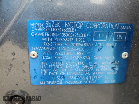 2006 Suzuki Grand Vitara Luxury z VIN JS3TE947164101951, wystawiony jako Copart lot #70110914 z przebiegiem 304 718 mil mil oraz Szkoda całkowita • Salvage title. Historia ofert i sprzedaży dostępna na DreamBid. Obrazek 14.