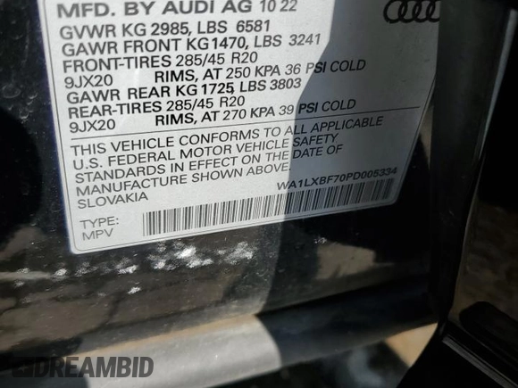2023 Audi Q7 Premium Plus with VIN WA1LXBF70PD005334, listed as a Copart auction lot 61953055 with 43,136 mi miles and Salvage title. Bid and sale history available at DreamBid. Image 13.