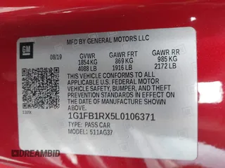 2020 Chevrolet Camaro 1LT with VIN 1G1FB1RX5L0106371, listed as a IAAI auction lot 41935290 with 77,286 mi miles and . Bid and sale history available at DreamBid. Image 9.
