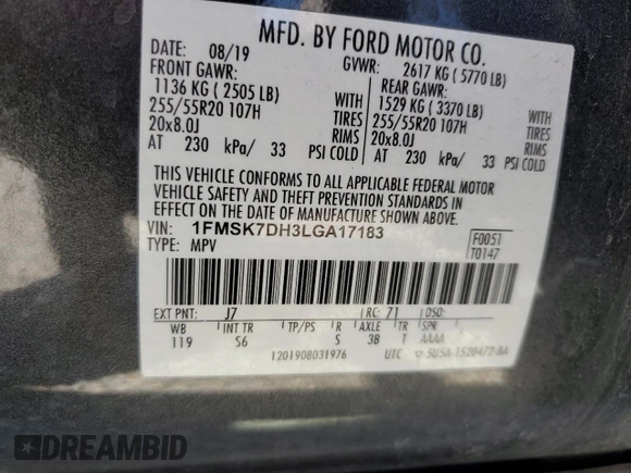 2020 Ford Explorer XLT with VIN 1FMSK7DH3LGA17183, listed as a Copart auction lot 55178045 with 84,140 mi miles and Salvage Title. Bid and sale history available at DreamBid. Image 13.