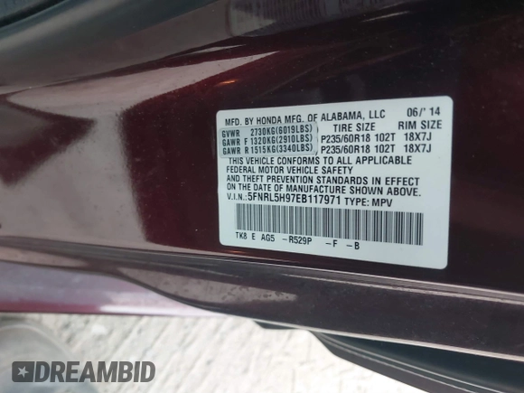 2014 Honda Odyssey Touring with VIN 5FNRL5H97EB117971, listed as a IAAI auction lot 41794324 with 198,191 mi miles and . Bid and sale history available at DreamBid. Image 9.