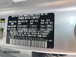 2017 Hyundai Santa Fe 2.4L z VIN 5XYZT3LB2HG392689, wystawiony jako Copart lot #59354795 z przebiegiem 54 525 mil mil oraz Szkoda całkowita • Salvage title. Historia ofert i sprzedaży dostępna na DreamBid. Obrazek 14.