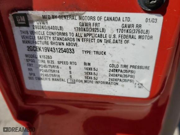 2003 Chevrolet Silverado 1500 LS with VIN 2GCEK19V431254033, listed as a Copart auction lot 49028505 with 163,032 mi miles and Clean Title. Bid and sale history available at carsss.com. Image 12.