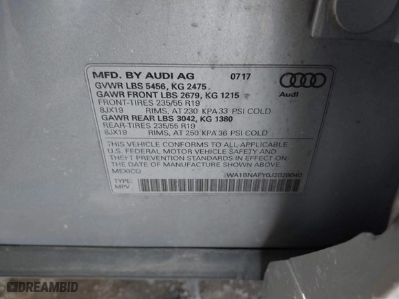 2018 Audi Q5 Premium Plus with VIN WA1BNAFY0J2028040, listed as a IAAI auction lot 41690415 with 1 mi miles. Bid and sale history available at carsss.com. Image 9.