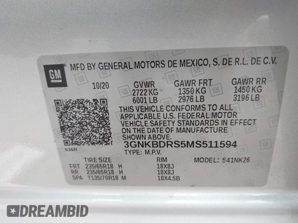 2021 Chevrolet Blazer LT with VIN 3GNKBDRS5MS511594, listed as a IAAI auction lot 41135245 with 73,304 mi miles and . Bid and sale history available at DreamBid. Image 9.
