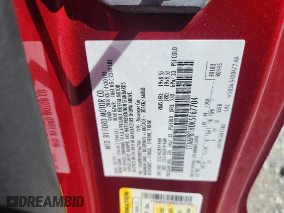 2019 Ford Mustang EcoBoost z VIN 1FA6P8TH0K5167704, wystawiony jako Copart lot #59506005 z przebiegiem 65 204 mil mil oraz Szkoda całkowita • Salvage title. Historia ofert i sprzedaży dostępna na DreamBid. Obrazek 12.