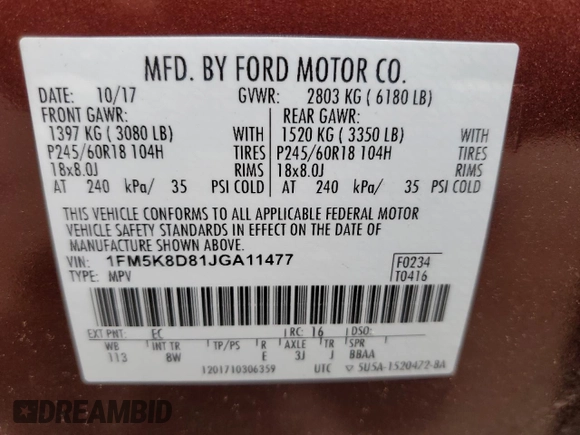2018 Ford Explorer XLT with VIN 1FM5K8D81JGA11477, listed as a Copart auction lot 58386475 with 93,818 mi miles and Salvage title. Bid and sale history available at DreamBid. Image 14.